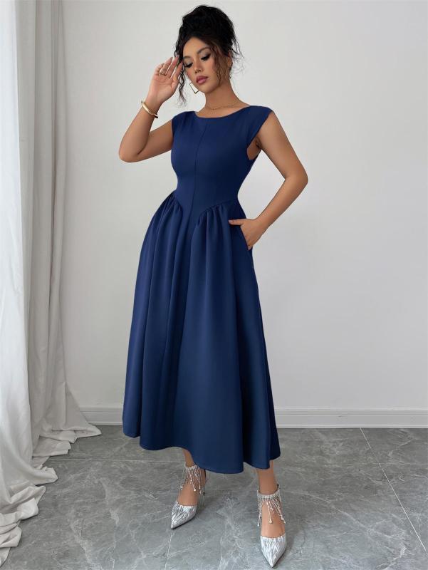 Royal Blue Sleeveless O Neck Pleated Evening Party Dress