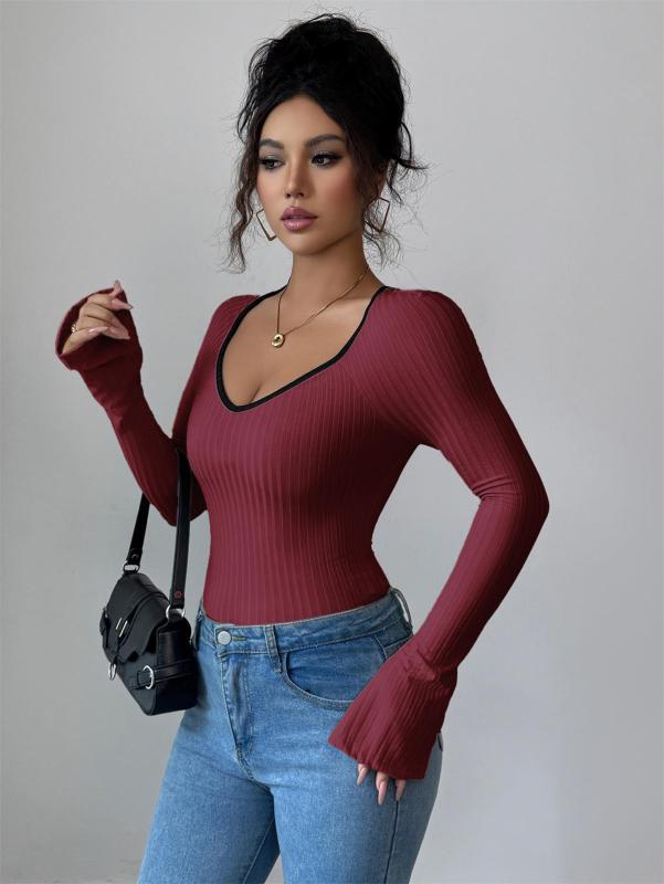 Claret Long Sleeve Knitted V Neck Pullover Sweaters Women's T-Skirt