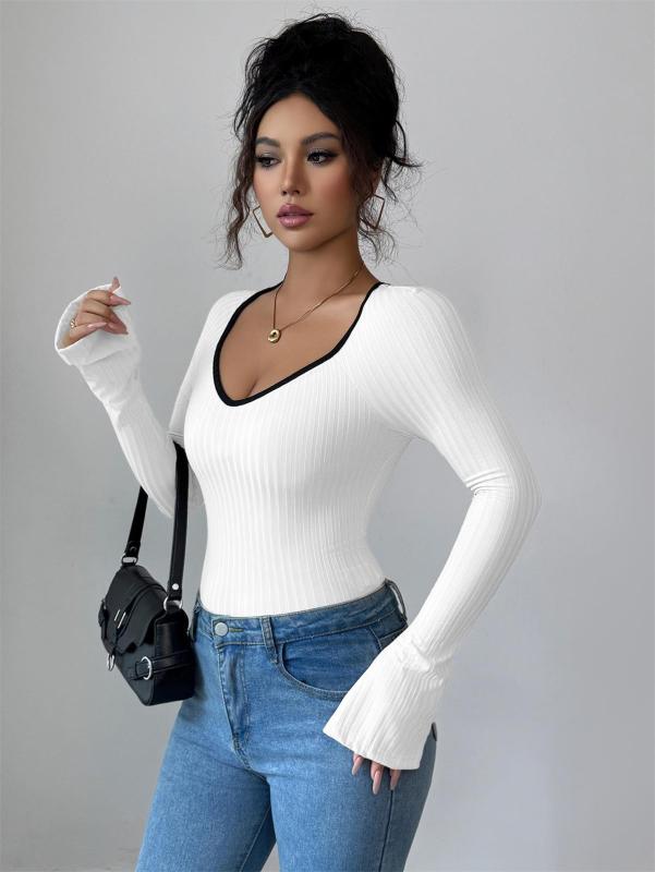 White Long Sleeve Knitted V Neck Pullover Sweaters Women's T-Skirt