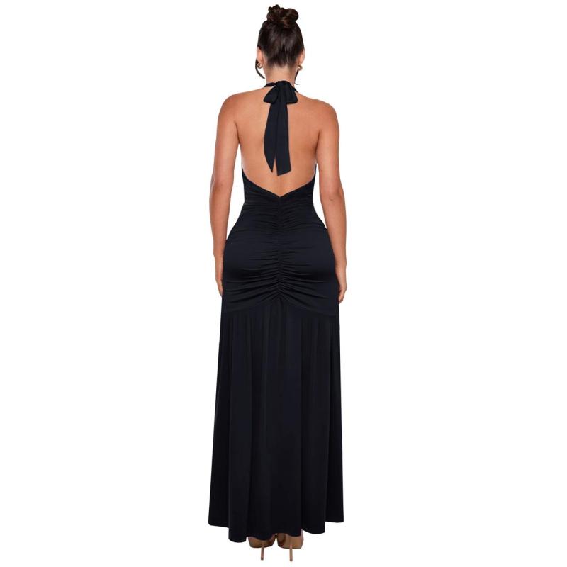 Black Halter Elegant Solid Sexy V Neck Evening Birthday Long Dress