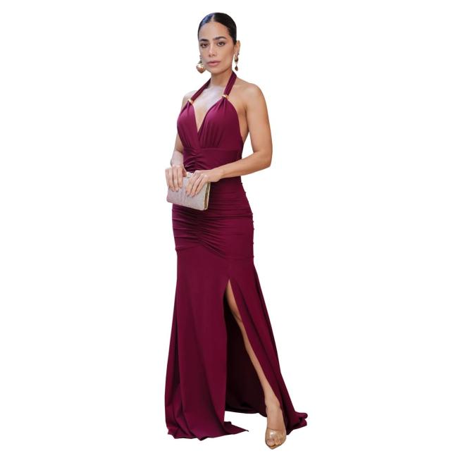 Wine Red Halter Elegant Solid Sexy V Neck Evening Birthday Long Dress
