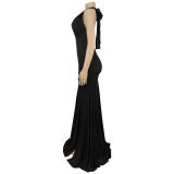 Black Halter Elegant Solid Sexy V Neck Evening Birthday Long Dress