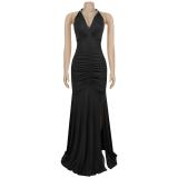 Black Halter Elegant Solid Sexy V Neck Evening Birthday Long Dress
