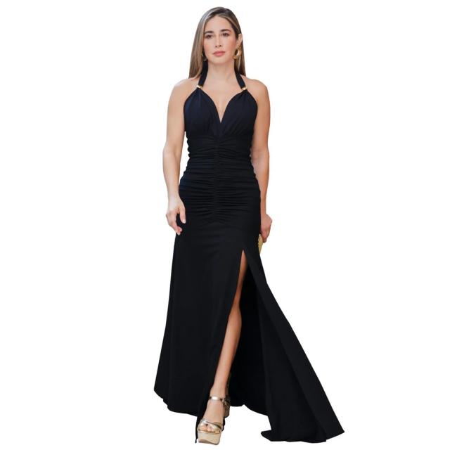 Black Halter Elegant Solid Sexy V Neck Evening Birthday Long Dress