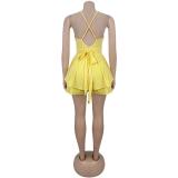 Yellow Straps V Neck Sexy Short Mini Party Skirt Dress