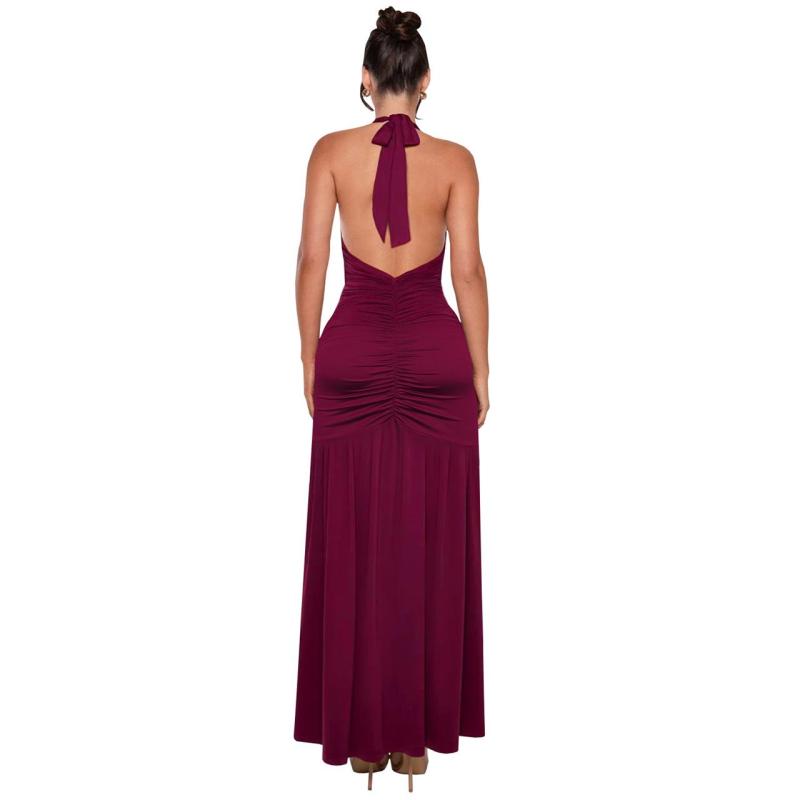 Wine Red Halter Elegant Solid Sexy V Neck Evening Birthday Long Dress