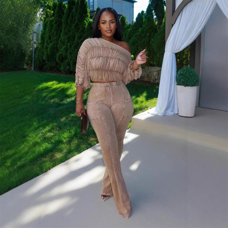 Beige Half Sleeve Pleated Crop Tops Lace Up Bodycon Pant Sets