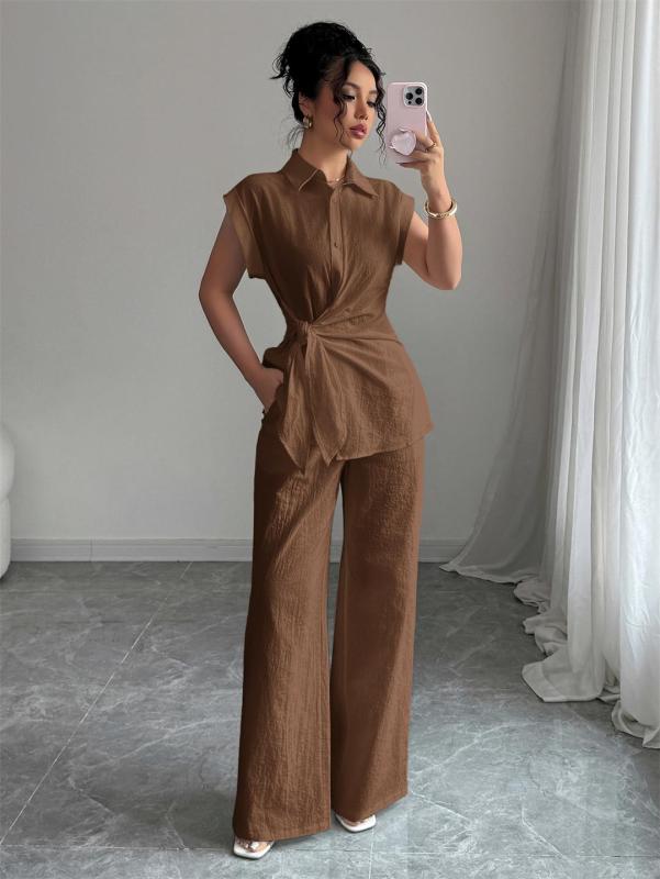 Brown Cotton Linen Short Sleeve Single Breasted T-Skirt with Wide Leg Casual Pant Sets