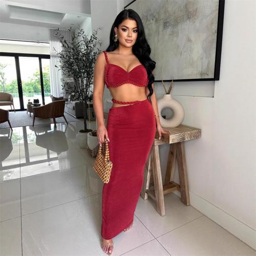 Red Straps Low Cut Sexy Two Pieces Bandage Bodycon Party Long Dress Sets