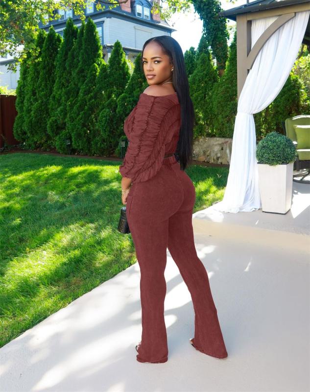 Red Half Sleeve Pleated Crop Tops Lace Up Bodycon Pant Sets