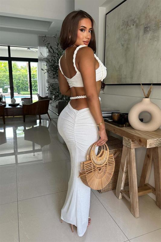 White Straps Low Cut Sexy Two Pieces Bandage Bodycon Party Long Dress Sets