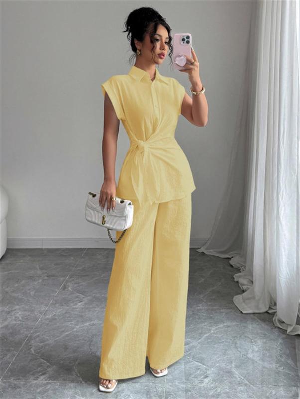 Yellow Cotton Linen Short Sleeve Single Breasted T-Skirt with Wide Leg Casual Pant Sets