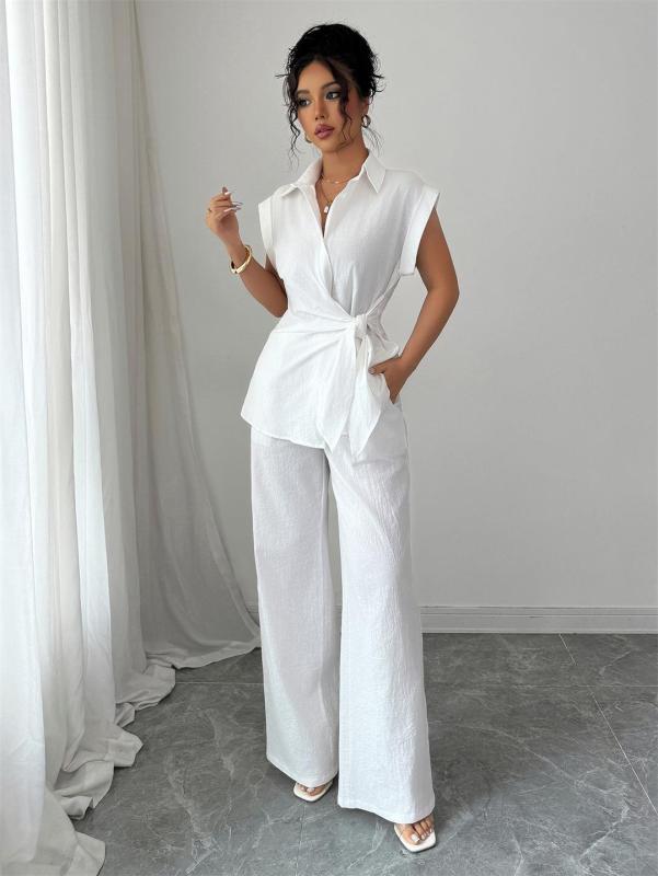 White Cotton Linen Short Sleeve Single Breasted T-Skirt with Wide Leg Casual Pant Sets