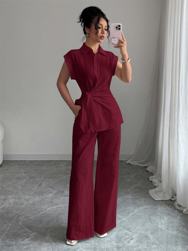 Red Cotton Linen Short Sleeve Single Breasted T-Skirt with Wide Leg Casual Pant Sets