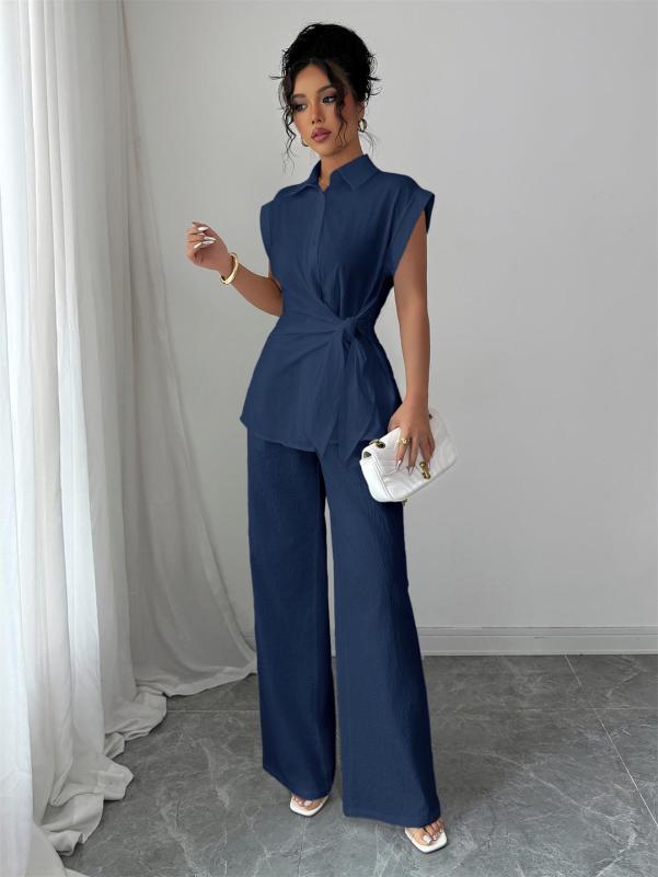 Royal Blue Cotton Linen Short Sleeve Single Breasted T-Skirt with Wide Leg Casual Pant Sets