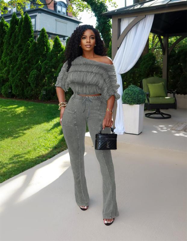 Gray Half Sleeve Pleated Crop Tops Lace Up Bodycon Pant Sets