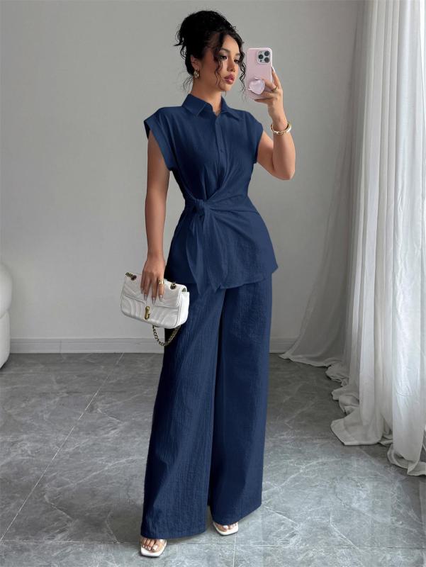 Royal Blue Cotton Linen Short Sleeve Single Breasted T-Skirt with Wide Leg Casual Pant Sets