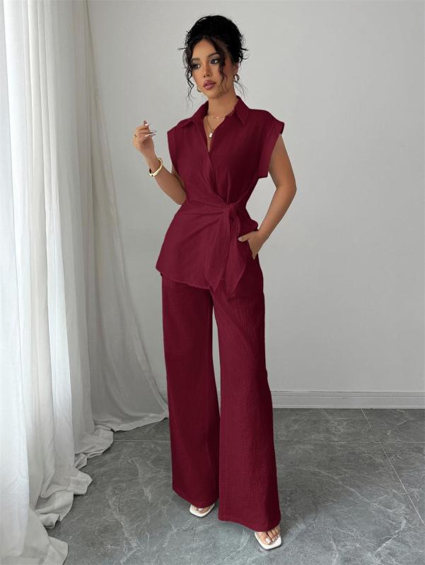 Red Cotton Linen Short Sleeve Single Breasted T-Skirt with Wide Leg Casual Pant Sets