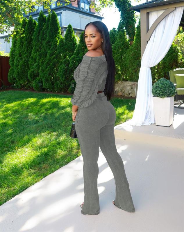 Gray Half Sleeve Pleated Crop Tops Lace Up Bodycon Pant Sets