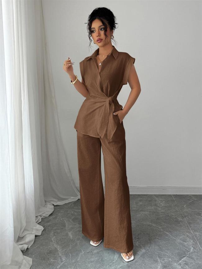 Brown Cotton Linen Short Sleeve Single Breasted T-Skirt with Wide Leg Casual Pant Sets
