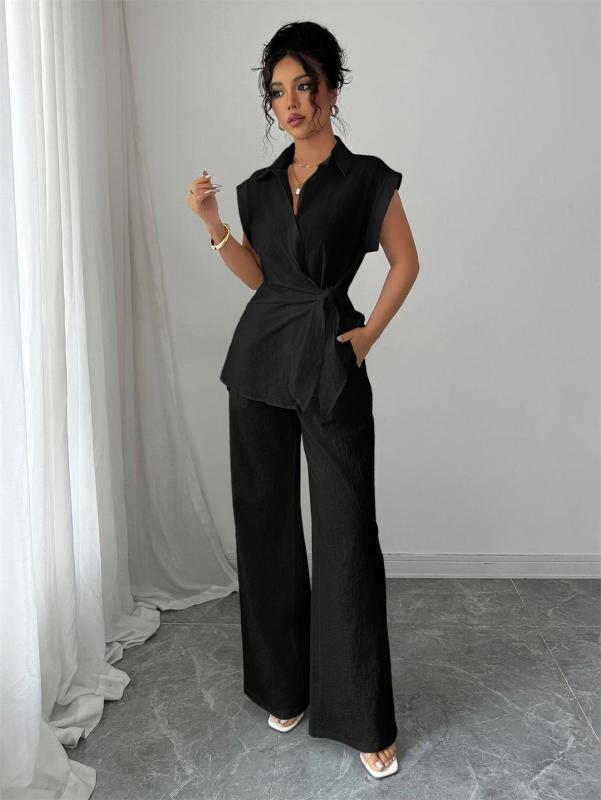 Black Cotton Linen Short Sleeve Single Breasted T-Skirt with Wide Leg Casual Pant Sets