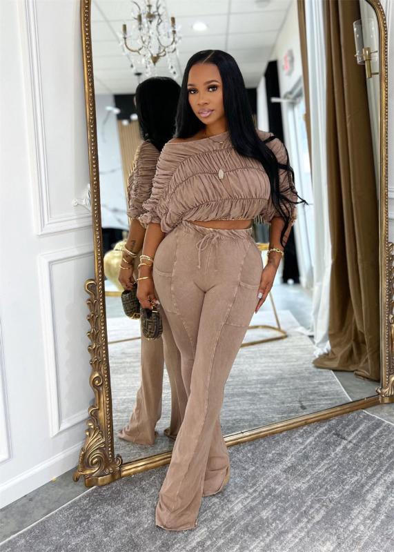 Beige Half Sleeve Pleated Crop Tops Lace Up Bodycon Pant Sets