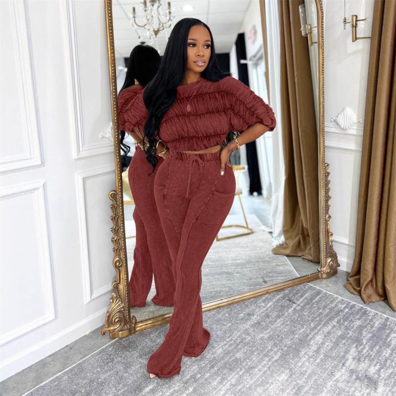 Red Half Sleeve Pleated Crop Tops Lace Up Bodycon Pant Sets