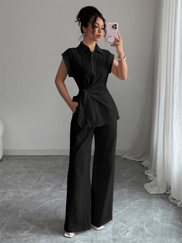 Black Cotton Linen Short Sleeve Single Breasted T-Skirt with Wide Leg Casual Pant Sets