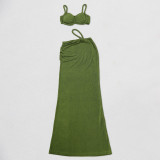 Green Straps Low Cut Sexy Two Pieces Bandage Bodycon Party Long Dress Sets