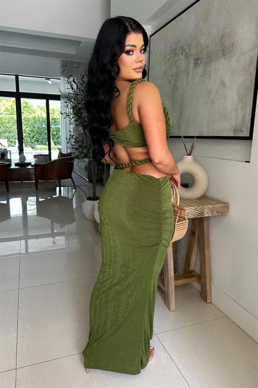 Green Straps Low Cut Sexy Two Pieces Bandage Bodycon Party Long Dress Sets