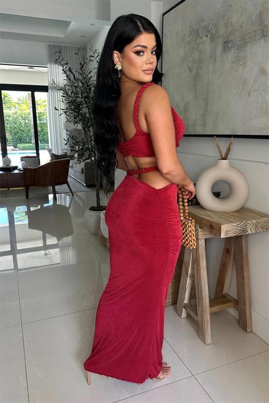 Red Straps Low Cut Sexy Two Pieces Bandage Bodycon Party Long Dress Sets