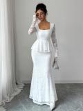 White Lace Hollow Out Elegant Ruffles Waist Women Evening Birthday Formal Long Dress