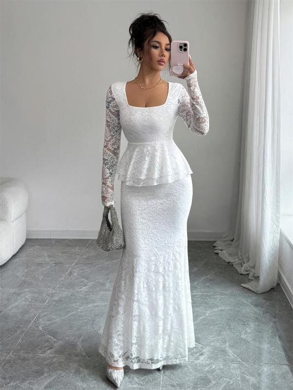 White Lace Hollow Out Elegant Ruffles Waist Women Evening Birthday Formal Long Dress