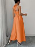 Orange Straps Square Neck Pleated Women Birthday Party Prom Midi Dress