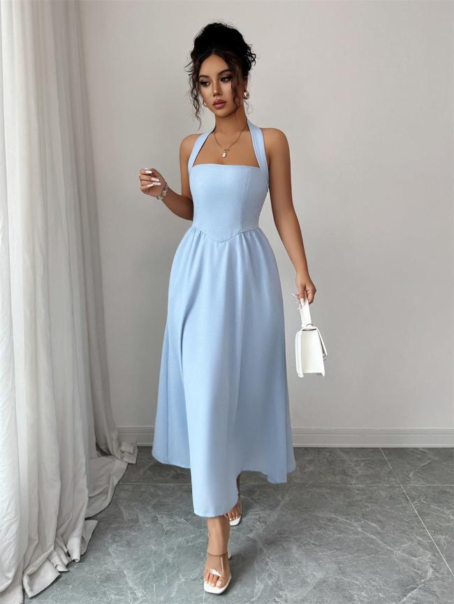 Blue Straps Square Neck Pleated Women Birthday Party Prom Midi Dress