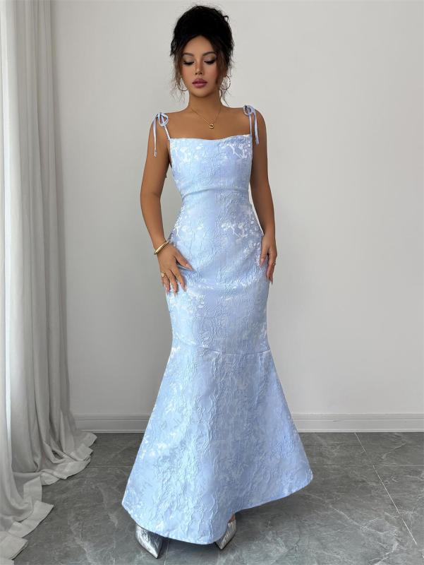 Blue Straps Low Cut Lace Jacquard Hollow Out Sexy Women Evening Prom Long Dress
