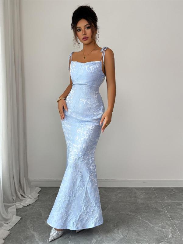 Blue Straps Low Cut Lace Jacquard Hollow Out Sexy Women Evening Prom Long Dress