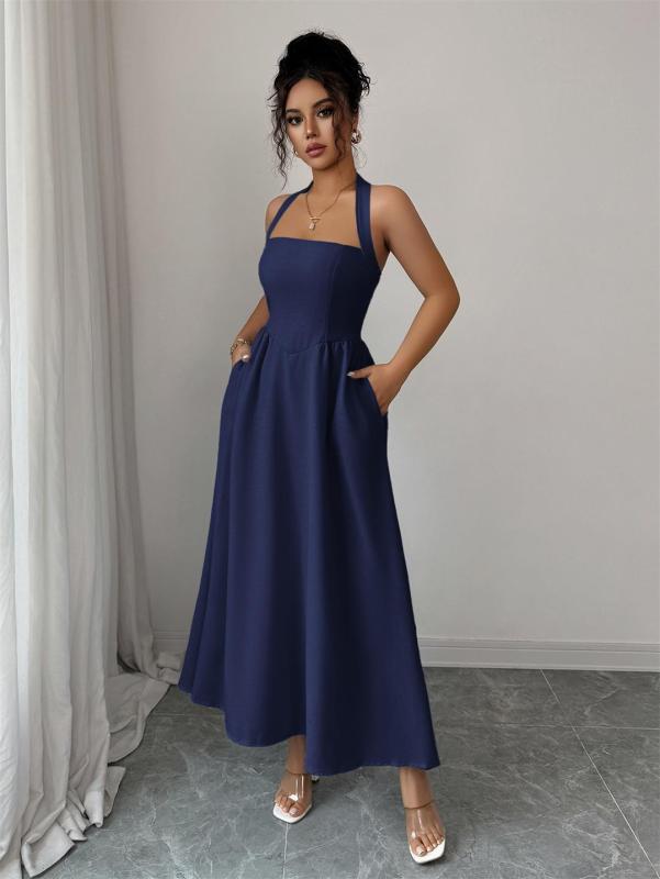 Royal Blue Straps Square Neck Pleated Women Birthday Party Prom Midi Dress