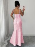 Pink Straps Low Cut Lace Jacquard Hollow Out Sexy Women Evening Prom Long Dress