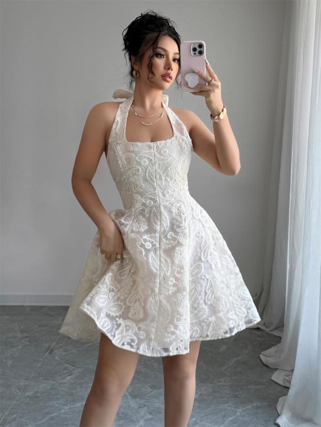 Apricot Square Neck Embroidered Lining Elegant Mini Skirt Dress