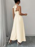 Apricot Straps Square Neck Pleated Women Birthday Party Prom Midi Dress