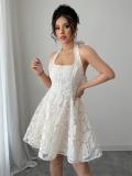 Apricot Square Neck Embroidered Lining Elegant Mini Skirt Dress