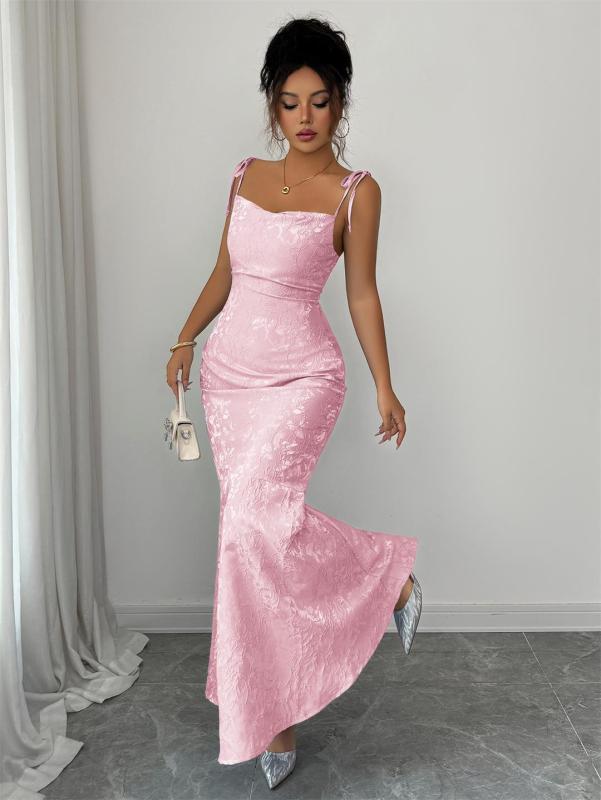Pink Straps Low Cut Lace Jacquard Hollow Out Sexy Women Evening Prom Long Dress