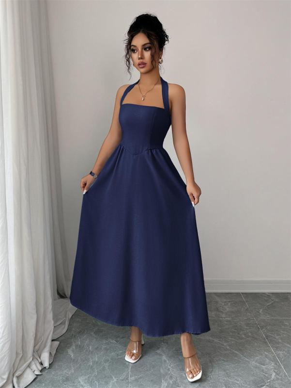 Royal Blue Straps Square Neck Pleated Women Birthday Party Prom Midi Dress