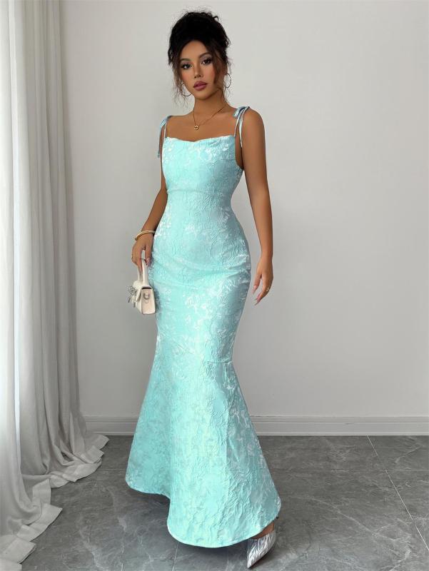 Mint Green Straps Low Cut Lace Jacquard Hollow Out Sexy Women Evening Prom Long Dress