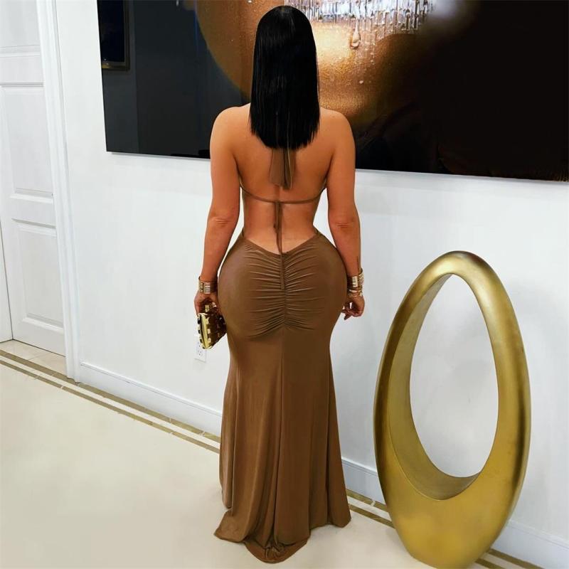 Brown Halter Deep V Neck Rings Split Evening Party Maxi Dress