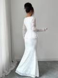 White Lace Hollow Out Elegant Ruffles Waist Women Evening Birthday Formal Long Dress