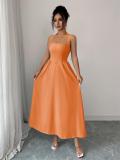 Orange Straps Square Neck Pleated Women Birthday Party Prom Midi Dress