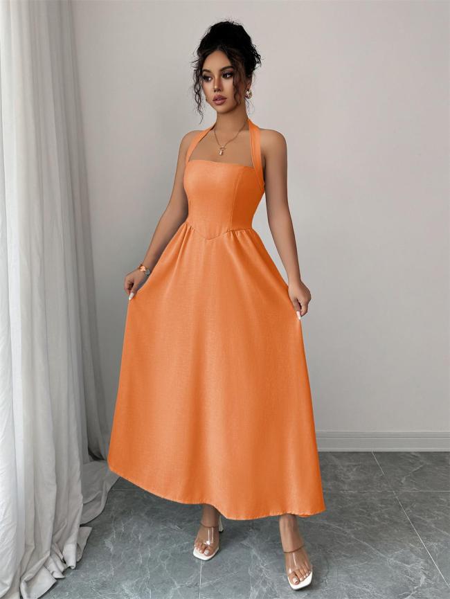 Orange Straps Square Neck Pleated Women Birthday Party Prom Midi Dress