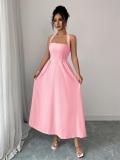 Pink Straps Square Neck Pleated Women Birthday Party Prom Midi Dress
